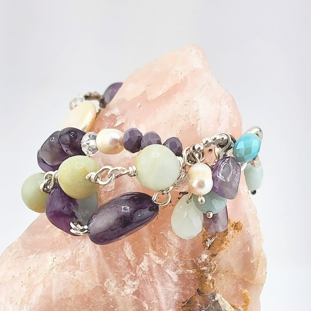 AMETHYST, AMAZONITE & PEARLS HANDMADE BRACELET IN STERLING SILVER APPRX 8 INCHES - Picture 6 of 10